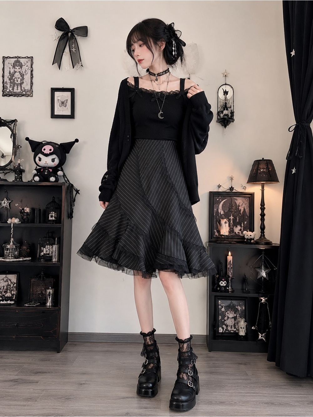 Black and White stripe asymmetrical flare skirt  whimsy goth A678